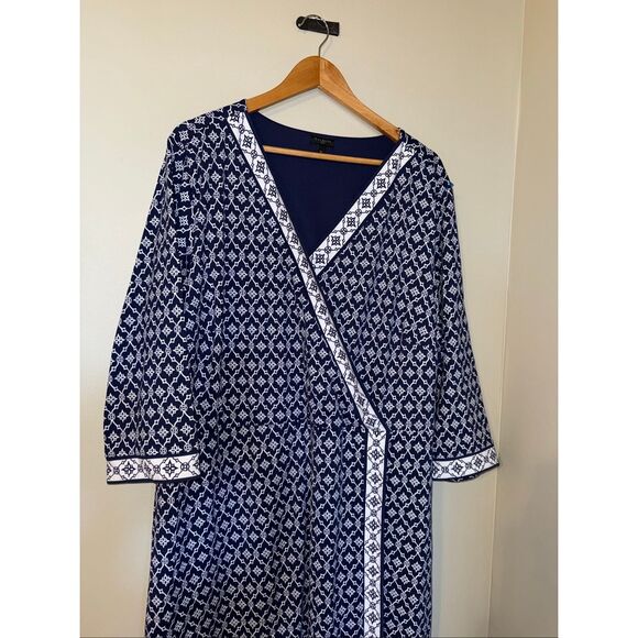 Talbots Plus Size 3X Faux Wrap Knee Length Dress Blue Geometric Print 3/4 Sleeve - Picture 5 of 10